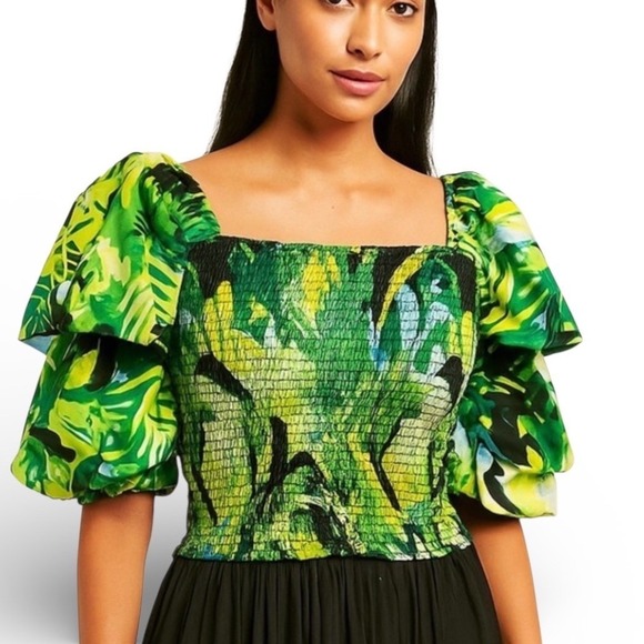 Live 4 Truth Tops - Live 4 Truth Green Tropical Palm Print Smocked Tiered Puff Sleeve Crop Top S